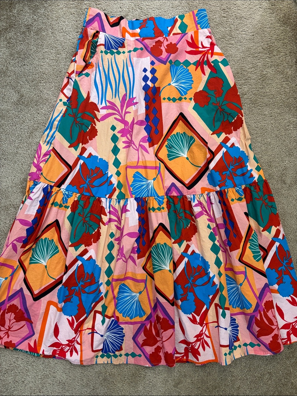 Geometric Floral Tiered A-Line Maxi Skirt Multicolor Cotton Spandex Size M